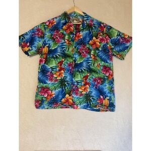 Blue Hawaii Shirt Mens XL Blue Hawaiian Aloha Camp Parrot Floral Made in Hawaii